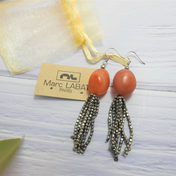 SIlver Bead Tassel Natural Stone Earrings Amber - Picture 1 of 5